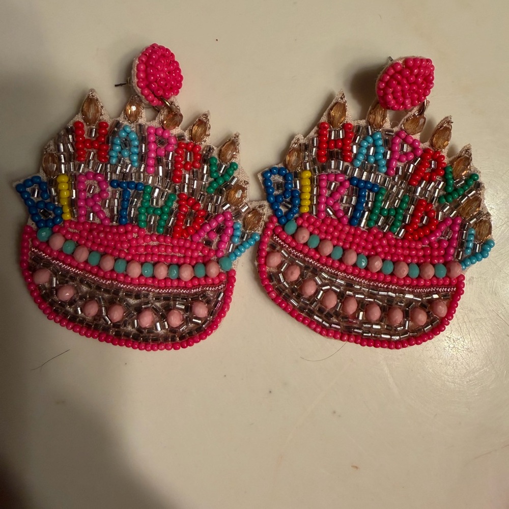 Beaded Happy Birthday Statement Earrings - Pink